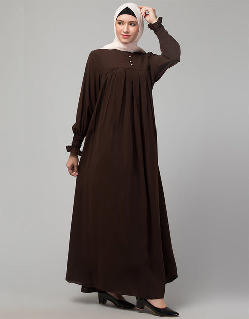 Trendy Pleats at chest Smoking Sleeve Casual Abaya In Brown Additional Angles