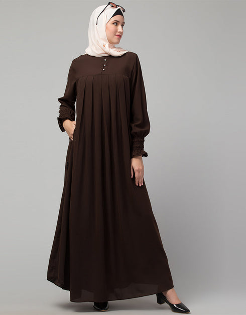 Trendy Pleats at chest Smoking Sleeve Casual Abaya In Brown Close-up View