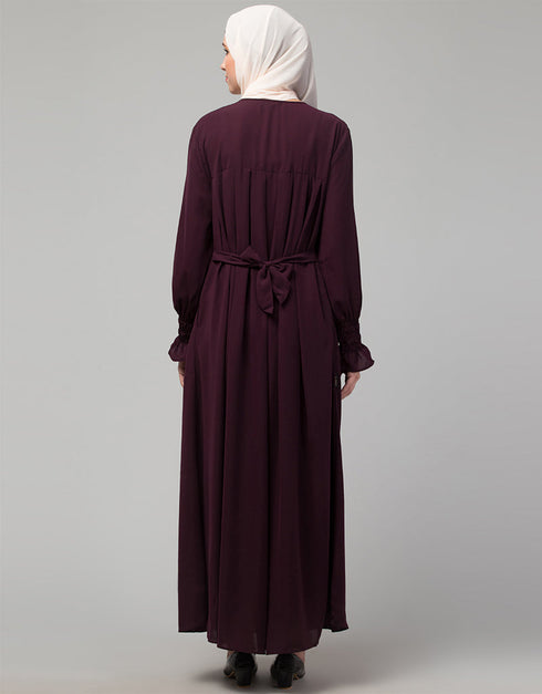 Muslimah Pleats at chest Smoking Sleeve Casual Abaya In Wine Color Close-up View