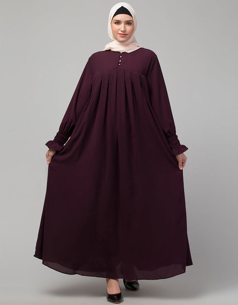 Muslimah Pleats at chest Smoking Sleeve Casual Abaya In Wine Color Front View