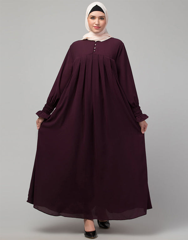 Muslimah Pleats at chest Smoking Sleeve Casual Abaya In Wine Color Front View