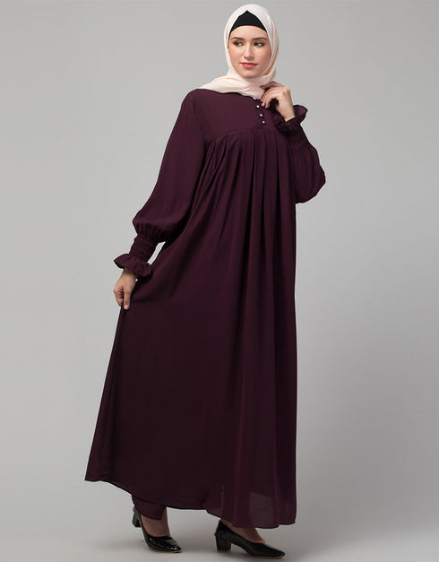 Muslimah Pleats at chest Smoking Sleeve Casual Abaya In Wine Color Front View