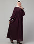 Muslimah Pleats at chest Smoking Sleeve Casual Abaya In Wine Color Front View