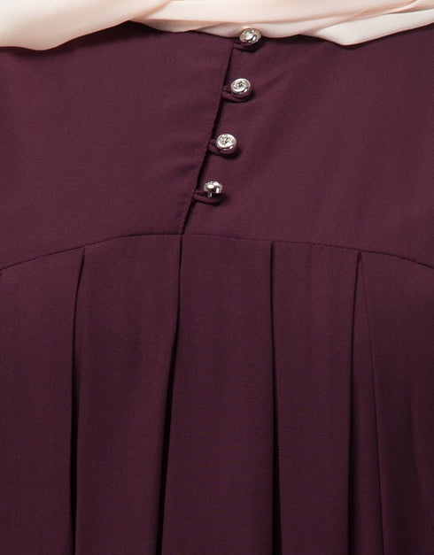 Muslimah Pleats at chest Smoking Sleeve Casual Abaya In Wine Color Back View