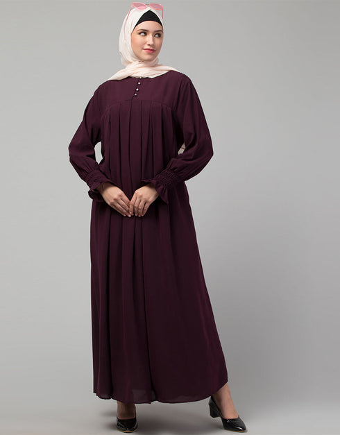 Muslimah Pleats at chest Smoking Sleeve Casual Abaya In Wine Color Side View