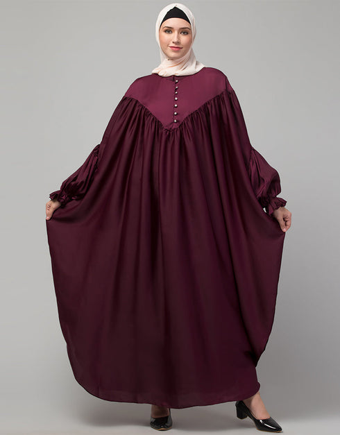 Women Yoke and Gathered Front and Back Pleated sleeve Free size Kaftan abaya Front View