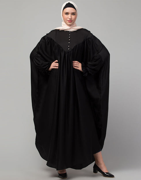 Arabic Yoke and Gathered Front and Back Pleated sleeve Free size Kaftan abaya Front View