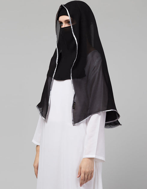 Black With Grey Polyester Georgette Head Covers Hijab Close-up View