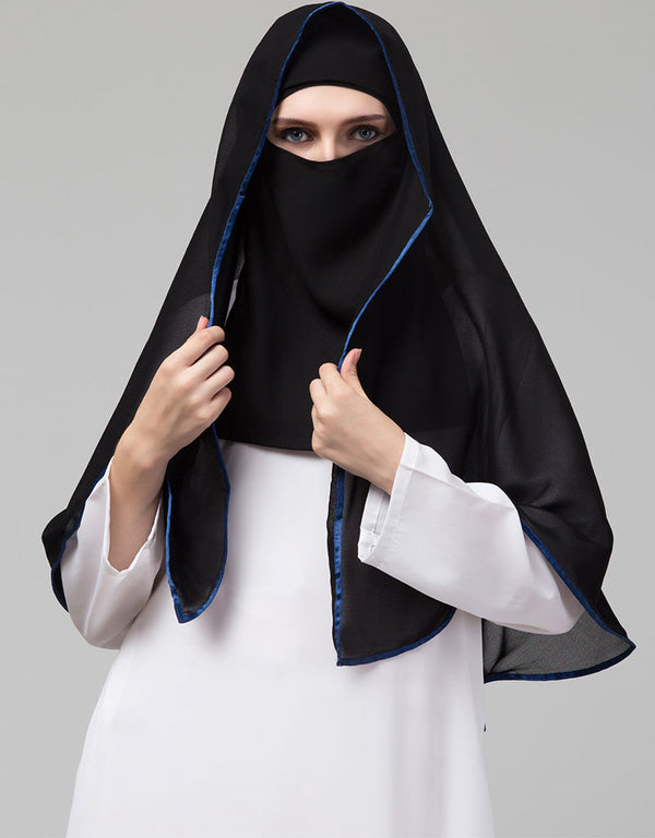 Black With Royal Blue Polyester Georgette Head Covers Hijab Front View
