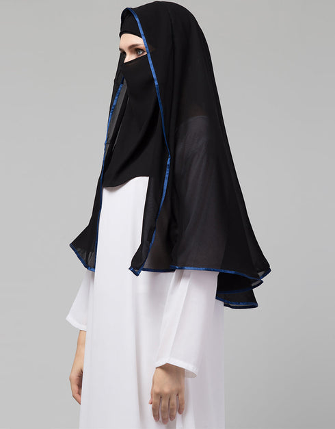Black With Royal Blue Polyester Georgette Head Covers Hijab Back View