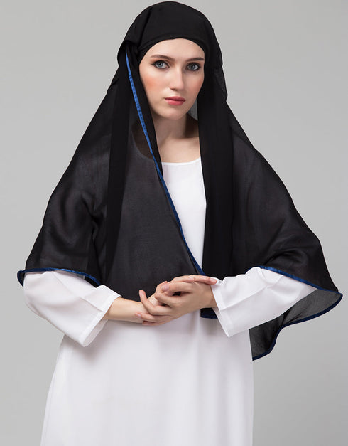 Black With Royal Blue Polyester Georgette Head Covers Hijab Close-up View