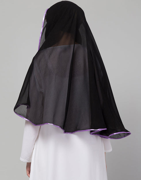 Black With Purple Polyester Georgette Head Covers Hijab Side View