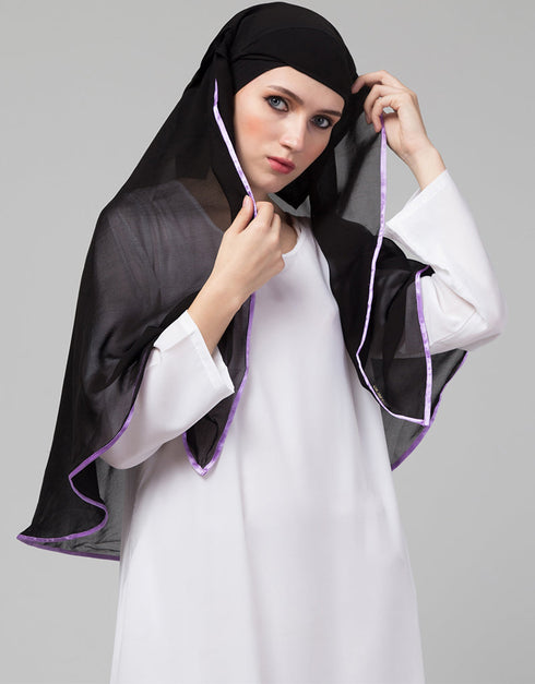 Black With Purple Polyester Georgette Head Covers Hijab Close-up View