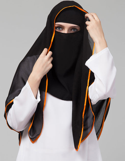 Black With Orange Polyester Georgette Head Covers Hijab Front View