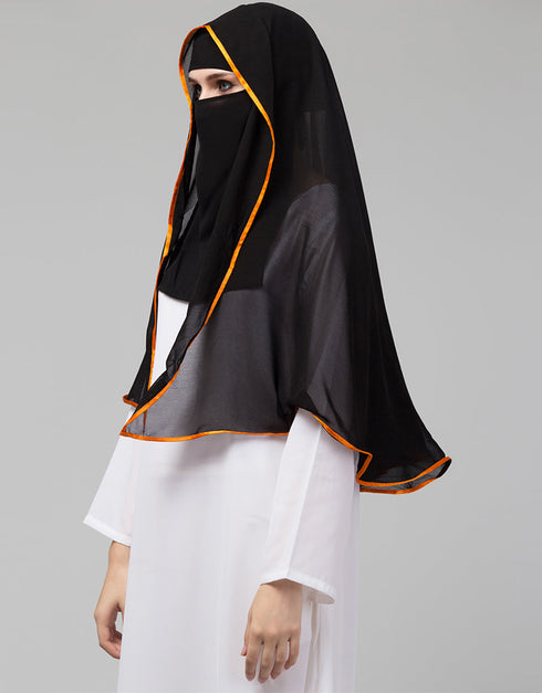 Black With Orange Polyester Georgette Head Covers Hijab Side View