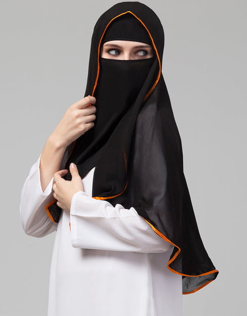 Black With Orange Polyester Georgette Head Covers Hijab Close-up View