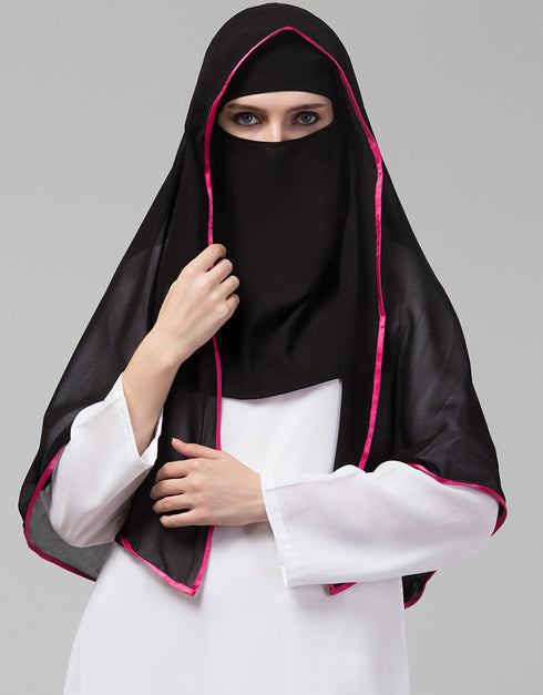 Black With Pink Polyester Georgette Head Covers Hijab Front View