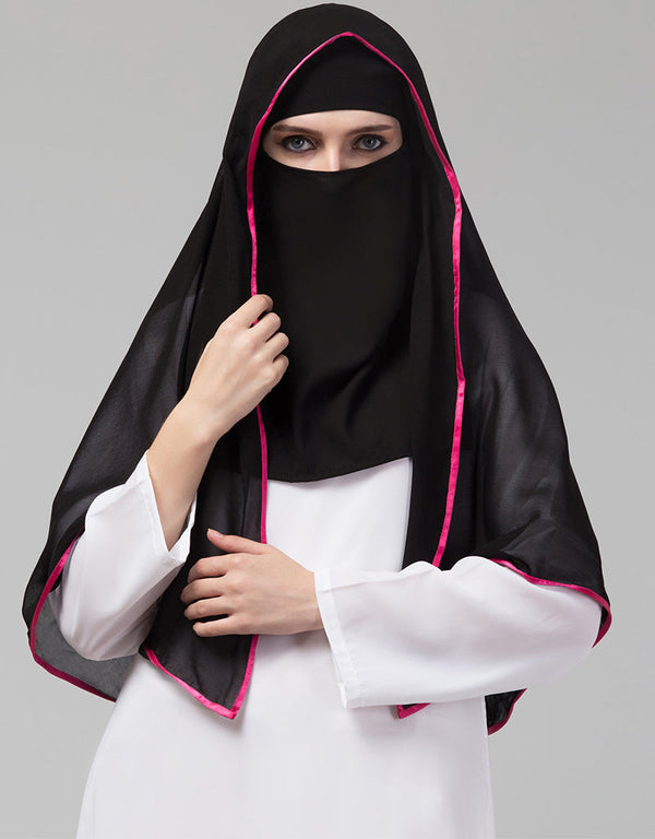 Black With Pink Polyester Georgette Head Covers Hijab Front View