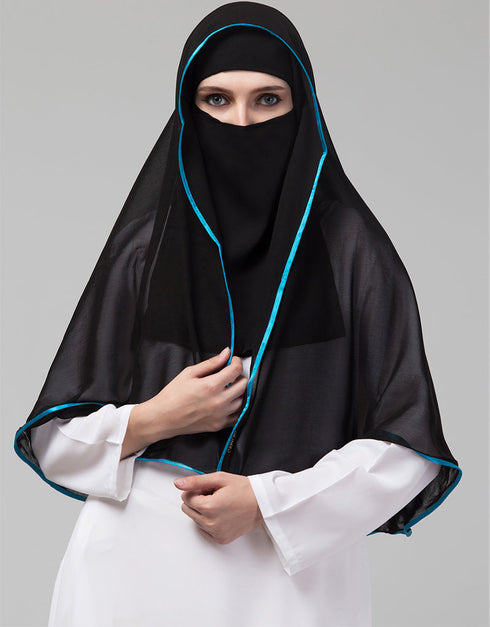Black With Aqua Blue Polyester Georgette Head Covers Hijab Front View