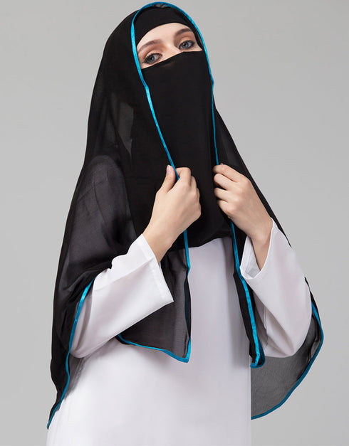 Black With Aqua Blue Polyester Georgette Head Covers Hijab Back View