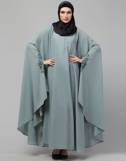 Modest Embroidered Irani Kaftan In Sage green Color Front View