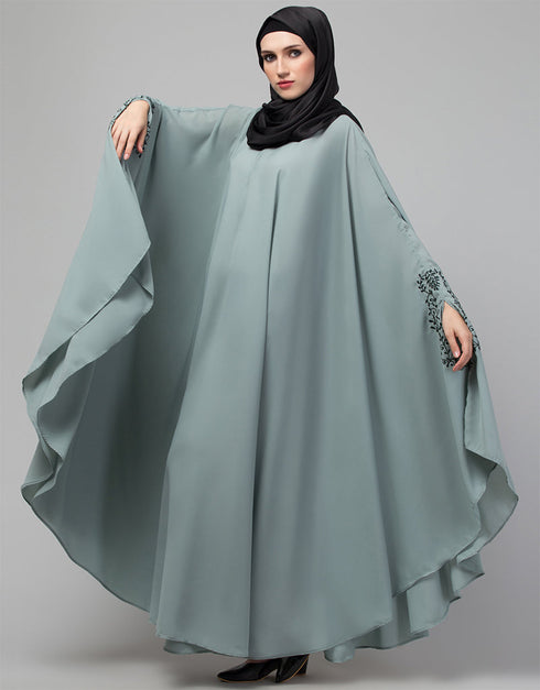 Modest Embroidered Irani Kaftan In Sage green Color Additional Angles