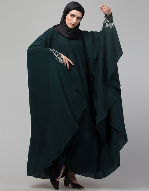 Dubai Embroidered Irani Kaftan In Bottle Green Color Close-up View
