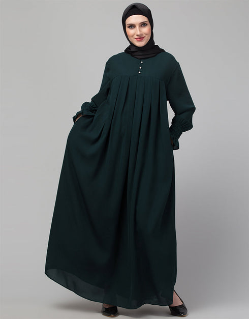 Modern Pleats at chest Smoking Sleeve Casual Abaya In Bottle Green Front View