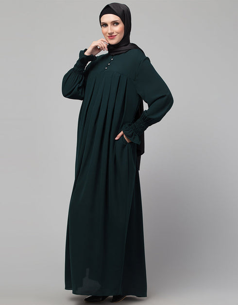 Modern Pleats at chest Smoking Sleeve Casual Abaya In Bottle Green Variation Views
