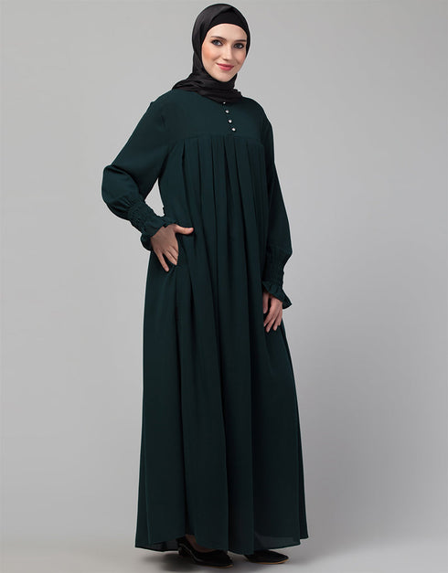Modern Pleats at chest Smoking Sleeve Casual Abaya In Bottle Green Back View