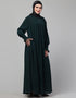 Modern Pleats at chest Smoking Sleeve Casual Abaya In Bottle Green Back View