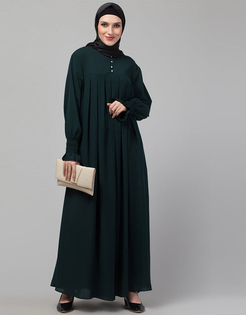 Modern Pleats at chest Smoking Sleeve Casual Abaya In Bottle Green Side View