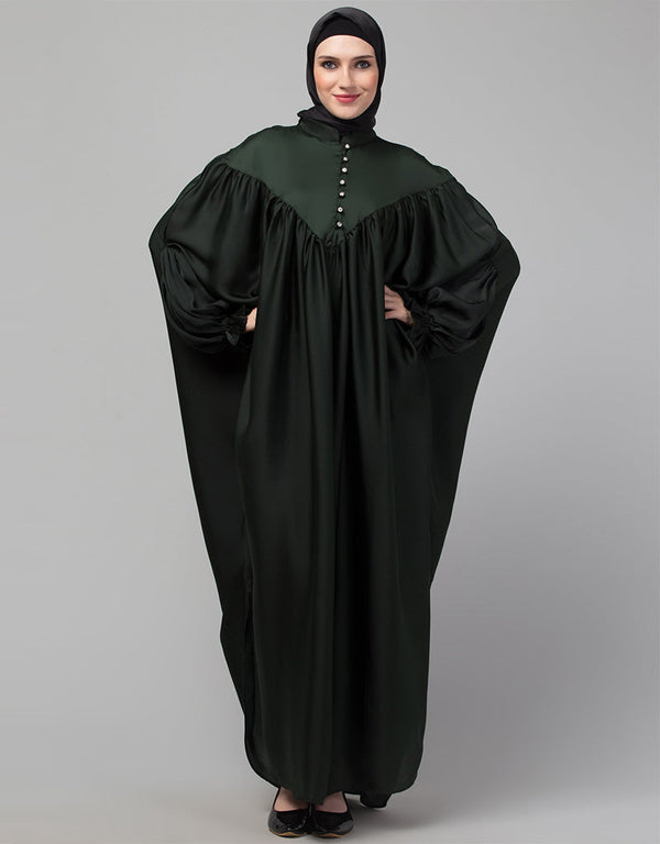 Chic Yoke and Gathered Front and Back Pleated sleeve Free size Kaftan abaya Front View