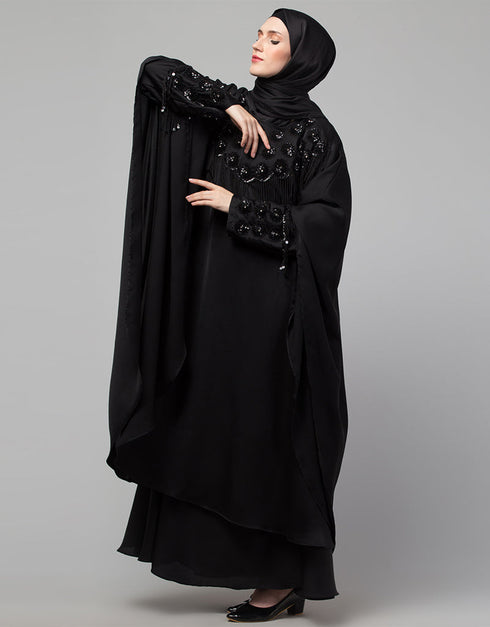 Arabic Beautiful Black Color embroidery Work Abaya Close-up View