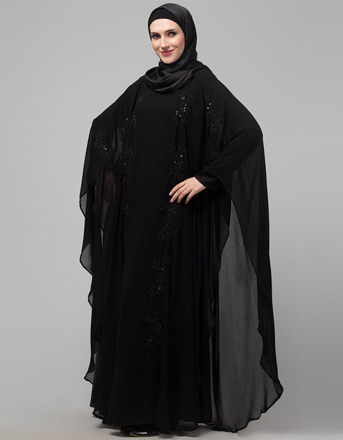 Modest Beautiful Black Color embroidery Work Abaya Close-up View