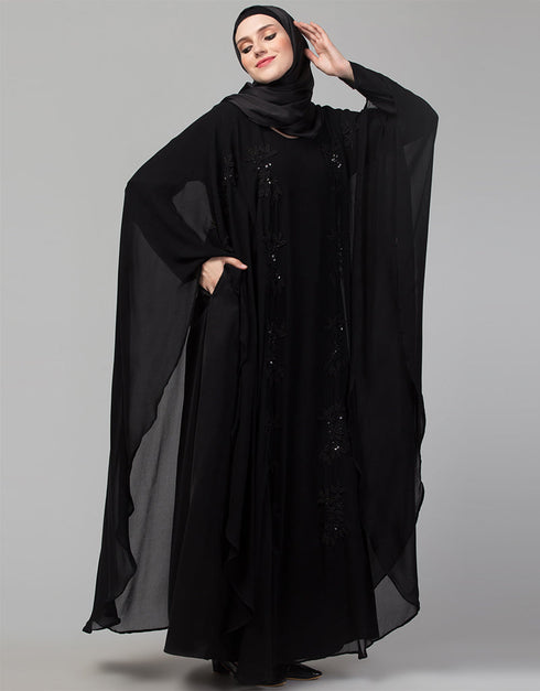 Modest Beautiful Black Color embroidery Work Abaya Side View