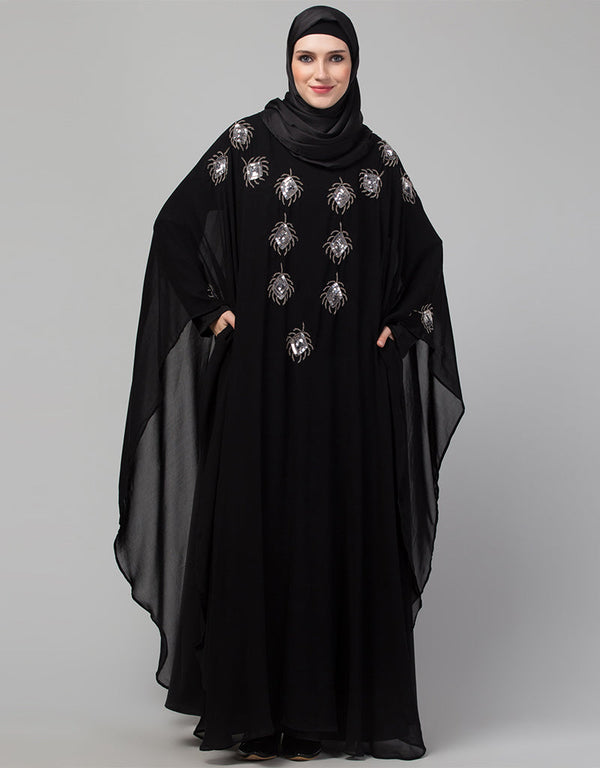 Muslim Beautiful Black Color Mirrow Work Abaya Front View