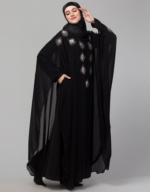 Muslim Beautiful Black Color Mirrow Work Abaya Close-up View