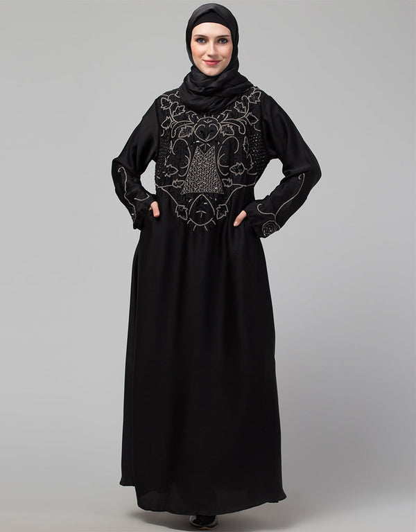 Chic Black Shine Nida Embroidery Abaya Front View