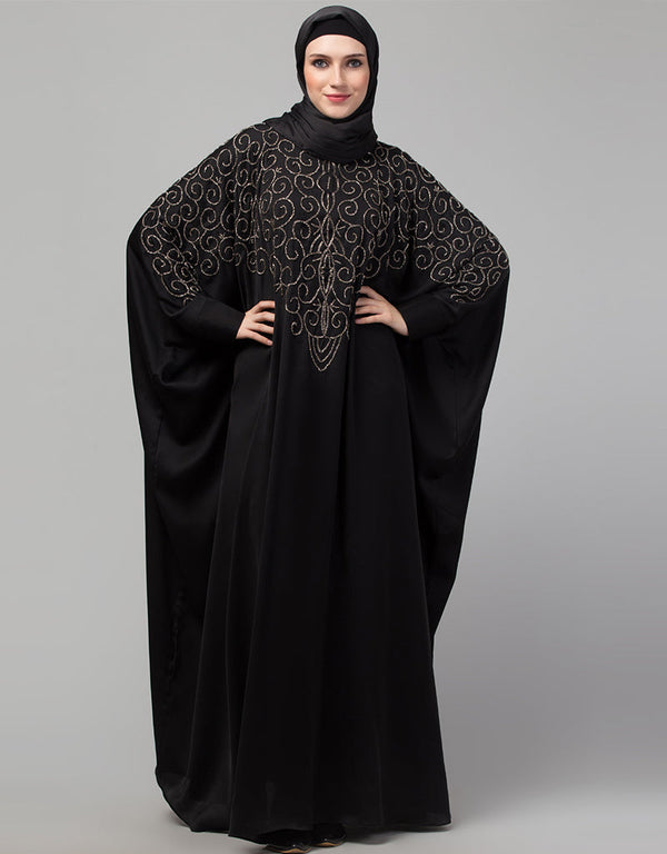 Trendy Black Shine Nida Golden Embroidery Abaya Front View