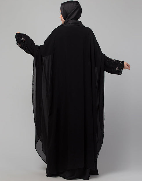 Modern Black Shine Nida Black Embroidery Abaya Side View