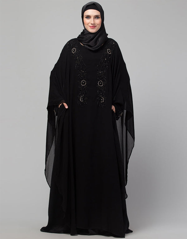 Modern Black Shine Nida Black Embroidery Abaya Front View
