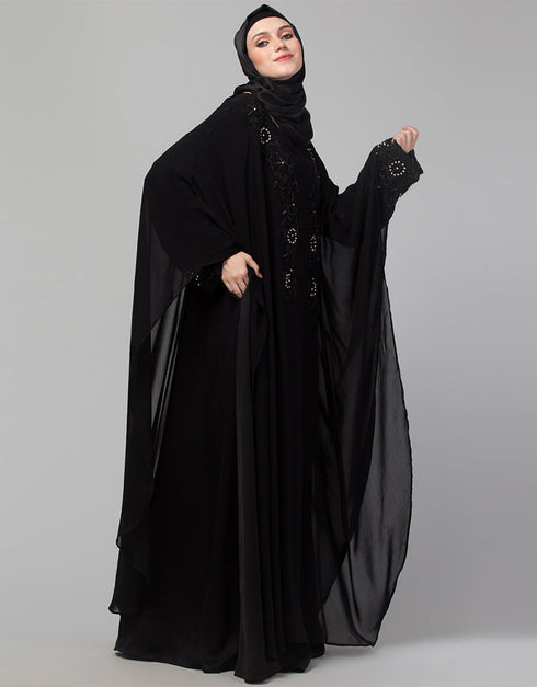 Modern Black Shine Nida Black Embroidery Abaya Front View
