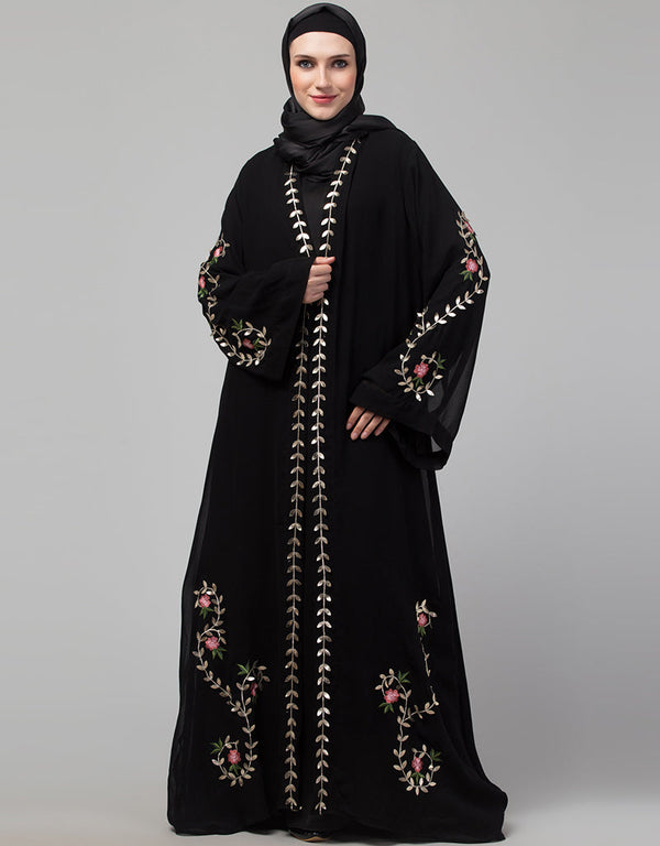 Muslim Black Shine Nida Copper Embroidery Abaya Front View