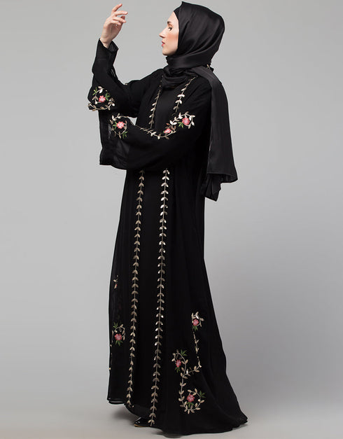 Muslim Black Shine Nida Copper Embroidery Abaya Back View