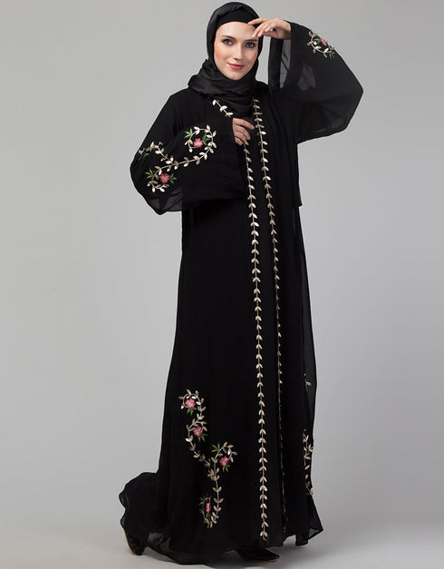 Muslim Black Shine Nida Copper Embroidery Abaya Close-up View