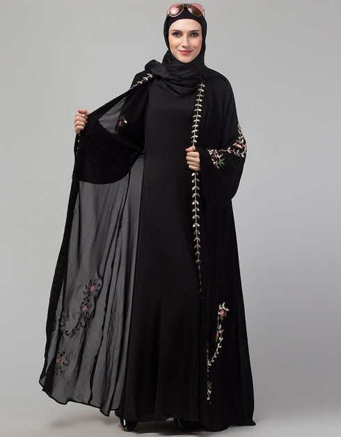 Muslim Black Shine Nida Copper Embroidery Abaya Front View