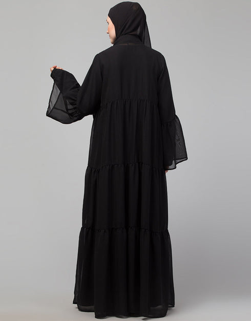 Modest Black Shine Nida Front Open Abaya Front View