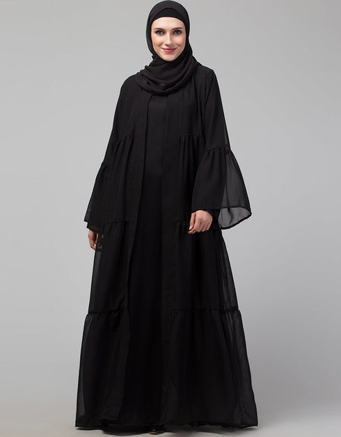Modest Black Shine Nida Front Open Abaya Front View