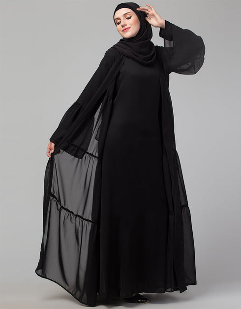 Modest Black Shine Nida Front Open Abaya Close-up View